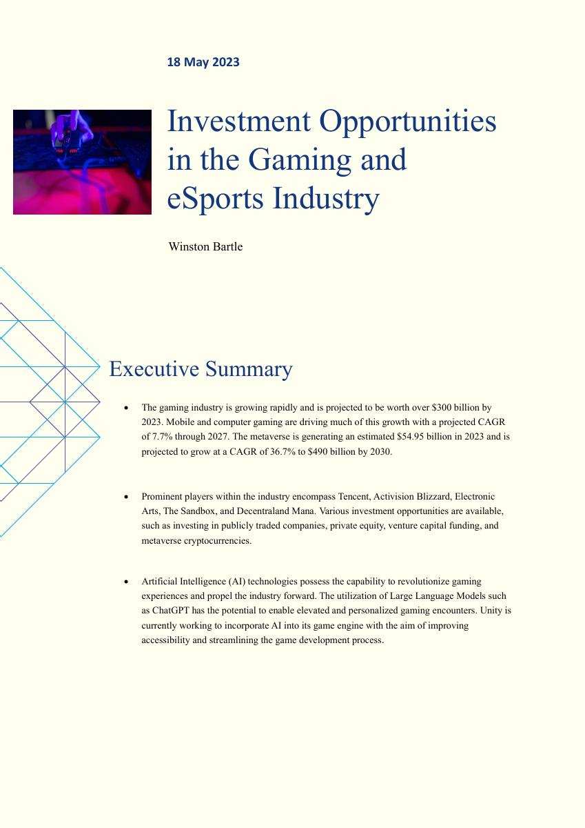 Investment Opportunities in the Gaming and eSports Industry first-page preview